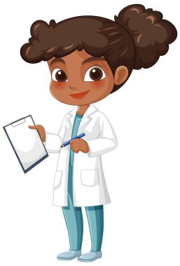 Çizgi film bilim adamı elinde bir pano ve kalem tutuyor.