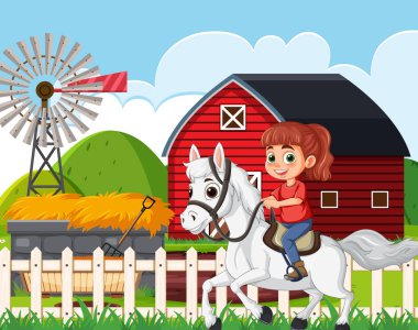Ahırın yanında beyaz ata binen gülümseyen kız ve çiftlikte yel değirmeni