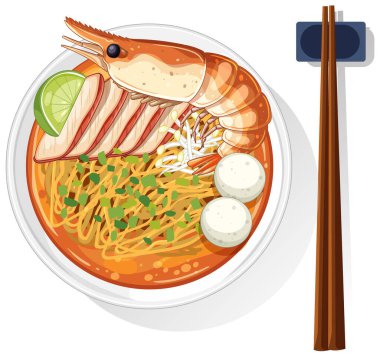 Karides, limon ve sebzeli erişte kasesinin canlı vektör çizimi. Parlak renkler ve detaylı kompozisyon görsel cazibeyi artırır