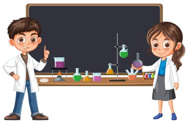 Laboratuvar ekipmanları ve karatahta ile bilimi keşfeden çocuklar