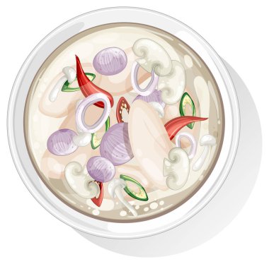 Tayland hindistan cevizi çorbasının vektör çizimi canlı renkler ve detaylı malzemelerle tepeden tırnağa