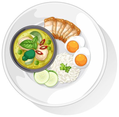 Beyaz tabakta körili, pirinçli, yumurtalı ve sebzeli geleneksel Asya yemeğinin renkli vektör çizimi