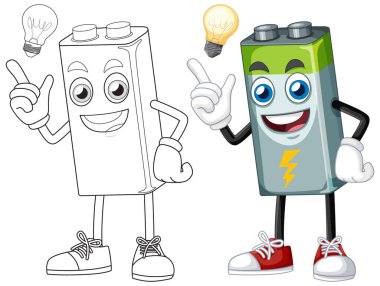 Canlı renkler ve eğlenceli ifadeler içeren, eğitici ve promosyon materyalleri için ideal, vektör tarzı canlı bir pil karakteri