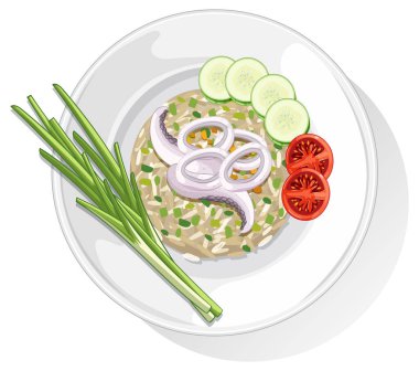 Beyaz tabakta pirinç, kalamar, salatalık, domates ve yeşil soğanlı Tayland yemeğinin vektör çizimi