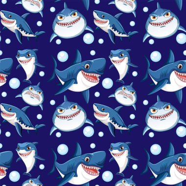 Çizgi film köpekbalıkları okyanusta kabarcıklar arasında yüzerler.