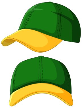 Detaylı dikiş ve gölgeleme ile yeşil ve sarı bir beysbol şapkasının vektör çizimi, ön ve yan görünümler sergilenir