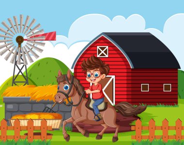 Gülümseyen çocuk ahırın yanında ata biniyor ve güneşli bir çiftlikte yel değirmeni