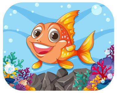 Renkli mercan ve kayaların arasında yüzen gülümseyen balıklar.