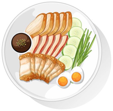 Beyaz bir tabakta dilimlenmiş et, sebze ve yumurta içeren, canlı renkler ve temiz çizgiler gösteren bir Asya yemeğinin vektör çizimi