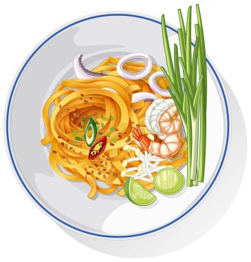 Beyaz tabakta karides, limon ve otlarla geleneksel Asya erişte yemeğinin renkli vektör çizimi