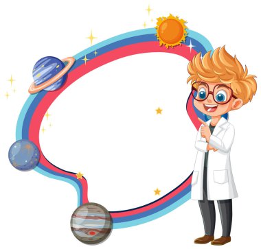 Gezegenleri ve yıldızları olan laboratuvar önlüklü çocuk.