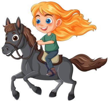 Mutlu bir çocuk dörtnala giden bir ata biniyor.