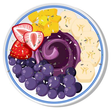 İçinde acai, çilek, yabanmersini, muz ve mango dilimleri bulunan canlı bir meyve kasesinin vektör çizimi