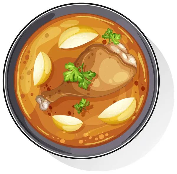 Zengin renkler ve detaylı vektör stili içeren patates ve otlarla dolu canlı bir Asya tavuğunun üst görüntüsü.