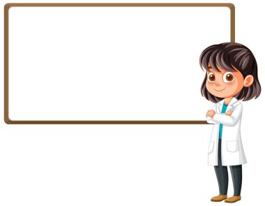 Çizgi film bilim adamı boş bir tahtanın yanında duruyor.