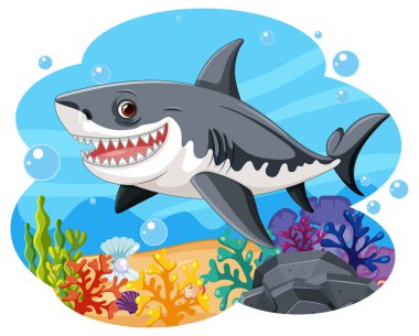 Neşeli bir köpekbalığı renkli mercanlar ve balıklar arasında yüzer.