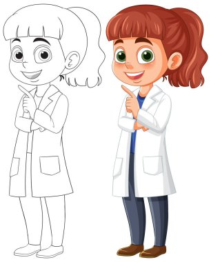 Önlüklü, gülümseyen kız işaret ediyor.