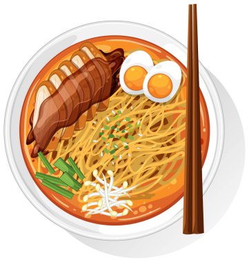 Erişte, yumurta, et ve sebzeli ramen kasesinin detaylı vektör çizimi. Canlı renkler ve gerçekçi kompozisyon