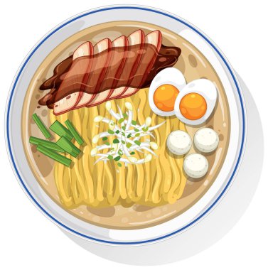 Erişte, yumurta, et ve sebzeli ramen kasesinin detaylı vektör çizimi. Parlak renkler ve yukarıdan aşağıya kompozisyon