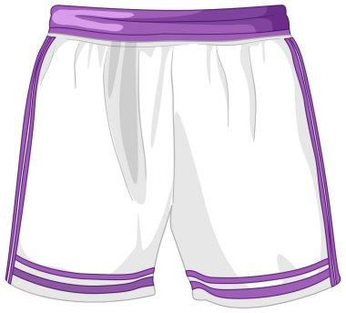 Mor aksanlı beyaz spor şortlarının vektör çizimi. Temiz çizgiler ve canlı renkler spor tasarımını geliştirir
