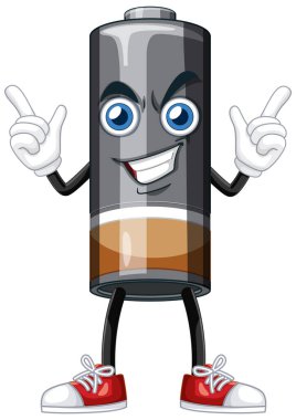 Canlı bir pil karakteri, anlamlı gözleri ve spor ayakkabılarıyla, oyuncu ve dinamik bir vektör çizim stili sergiliyor.