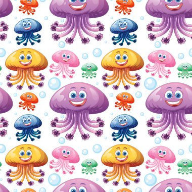 Neşeli ifadeli canlı denizanaları ve ahtapotlar.