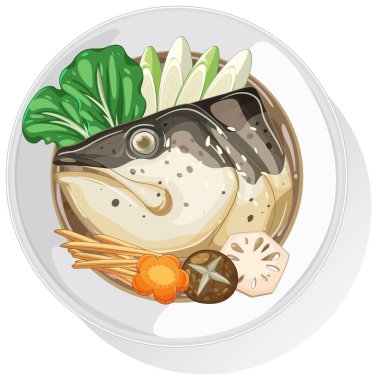 Geleneksel Asya yemeğinin balık, sebze ve erişteli temsili. Canlı renkler ve detaylı kompozisyon görsel cazibeyi artırır