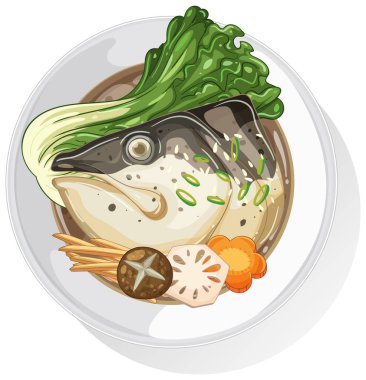 Geleneksel Asya balık çorbasının canlı renkler ve detaylı kompozisyon içeren taze sebzeli vektör çizimi