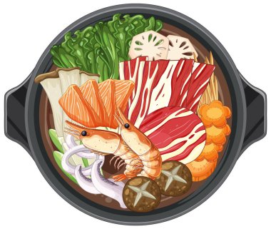 Dairesel bir kompozisyonda karides, sebze ve mantarlı Asya sıcak tenceresinin canlı vektör çizimi