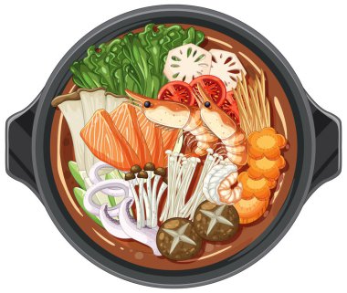Deniz ürünleri ve sebzelerle dolu geleneksel Asya sıcak tenceresinin canlı vektör çizimi, karmaşık detaylar ve zengin renkler sergiliyor.