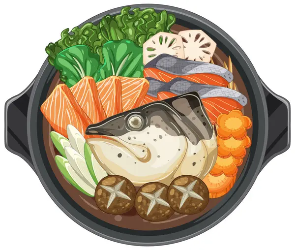 Canlı sebzeler, somonlar ve mantarlarla dolu renkli ve detaylı bir Japon tenceresinin vektör çizimi