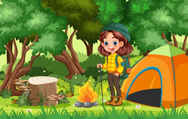 Ormanda kamp ateşinin keyfini çıkaran bir çocuk