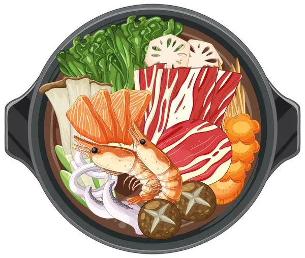 Dairesel bir kompozisyonda karides, sebze ve mantarlı Asya sıcak tenceresinin canlı vektör çizimi