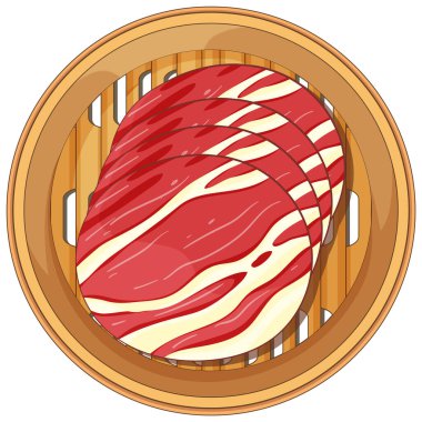 Bambu buharlı buharlı mermer et dilimleri. Canlı renkler ve temiz çizgiler gerçekçi ve iştah açıcı bir görünüm yaratır.