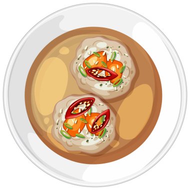 Beyaz bir tabakta canlı süslerle iki Asya hamur köftesinin üst görüntüsü. Temiz çizgiler ve sıcak renkler iştah açıcı görünümü artırır.