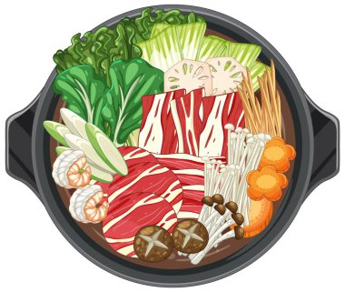 Çeşit çeşit sebze ve etle birlikte Asya usulü sıcak bir tencerenin canlı vektör çizimi. Zengin renklere ve dokulara sahip ayrıntılı bileşim