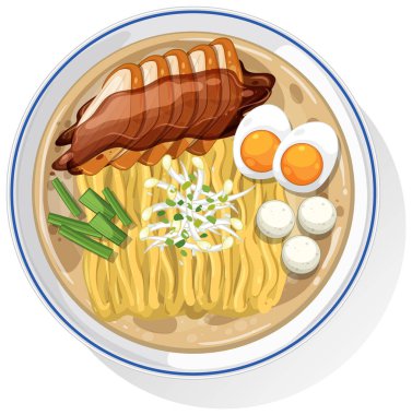 Yumurta, et ve sebzeli ramen kasesinin vektör çizimi. Parlak renkler ve detaylı kompozisyon iştah açıcı görünümü artırır