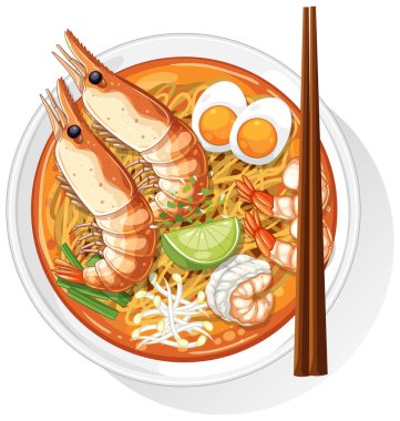 Karides, yumurta, limon ve çubuklu deniz ürünleri erişte kasesinin renkli vektör çizimi. Parlak, detaylı kompozisyon