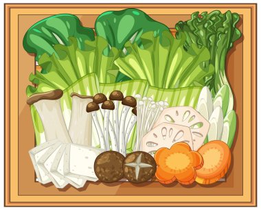 Detaylı dokuları ve zengin renkleri olan çeşitli Asya sebzelerinin canlı vektör çizimi, mutfak temalı tasarımlar için mükemmel.