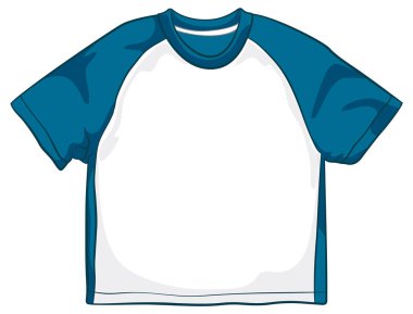 Mavi kollu ve beyaz vücutlu klasik bir Raglan tişörtünün vektör çizimi, temiz çizgiler ve canlı renkler sergiliyor.