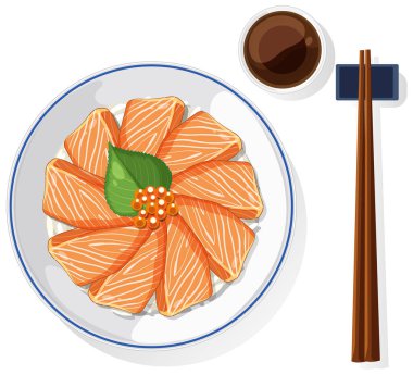 Soya sosu ve yemek çubuklarıyla hazırlanmış somon balığının vektör çizimi. Temiz çizgiler ve canlı renkler bileşimi güçlendirir