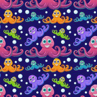 Karanlık bir arka planda canlı ahtapot ve kabarcıklar