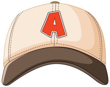 Belirgin kırmızı bir A harfi içeren bej bir beyzbol şapkasının vektör çizimi. Temiz çizgiler ve ince gölgeleme gerçekçiliği artırır