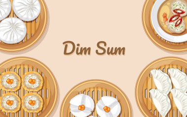Bambu buharlı vapurlarda çeşitli Dim Sum 'un temsili. Canlı renkler ve detaylı dokular, mutfak temaları için mükemmel.