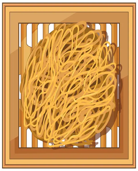 Bambu tepsisinin üzerinde duran Asya eriştelerinin vektör çizimi. Sıcak renkler ve karmaşık çizgiler uyumlu bir kompozisyon oluşturur