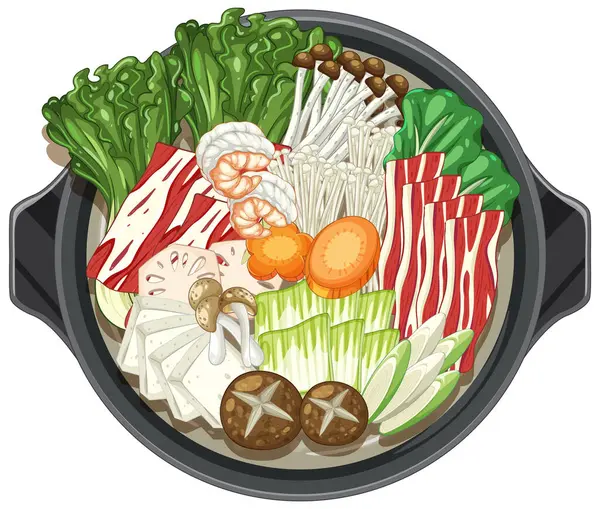 Canlı, taze malzemelerle dolu Asya sıcak tenceresinin ayrıntılı vektör çizimi, tepeden tırnağa görüntü ve zengin renkler içeriyor.