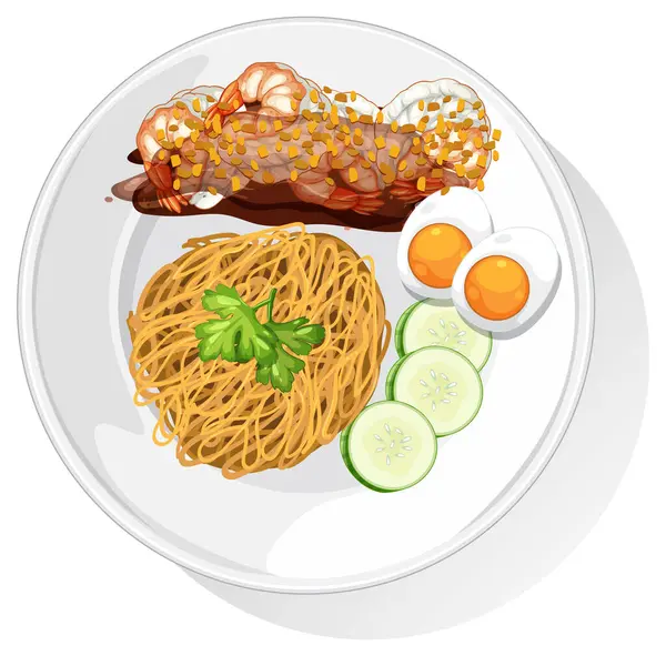 Erişte, karides, yumurta ve salatalıklı Tayland yemeğinin vektör çizimi. Parlak renkler ve detaylı kompozisyon görsel cazibeyi artırır
