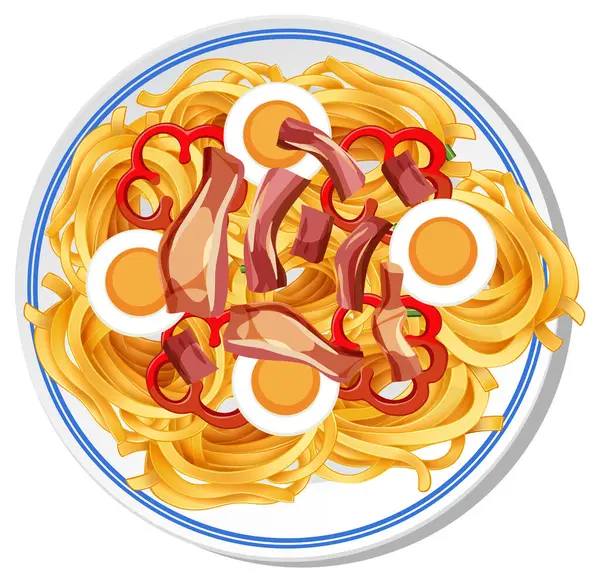 Süslü tabakta yumurta, sebze ve etle dolu canlı bir şehriye tabağının vektör çizimi.