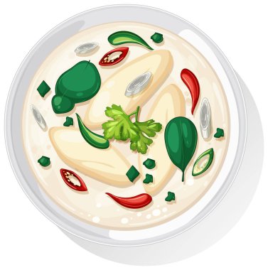 Temiz bir vektör stili ve dengeli bir kompozisyona sahip canlı otlar ve baharatlarla kaymak gibi bir Asya çorbasının yukarıdan görünüşü