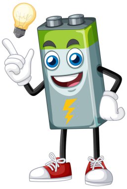 Ampulü olan canlı bir pil karakteri, oyuncu bir vektör tarzında enerji ve yaratıcılık sergiliyor.